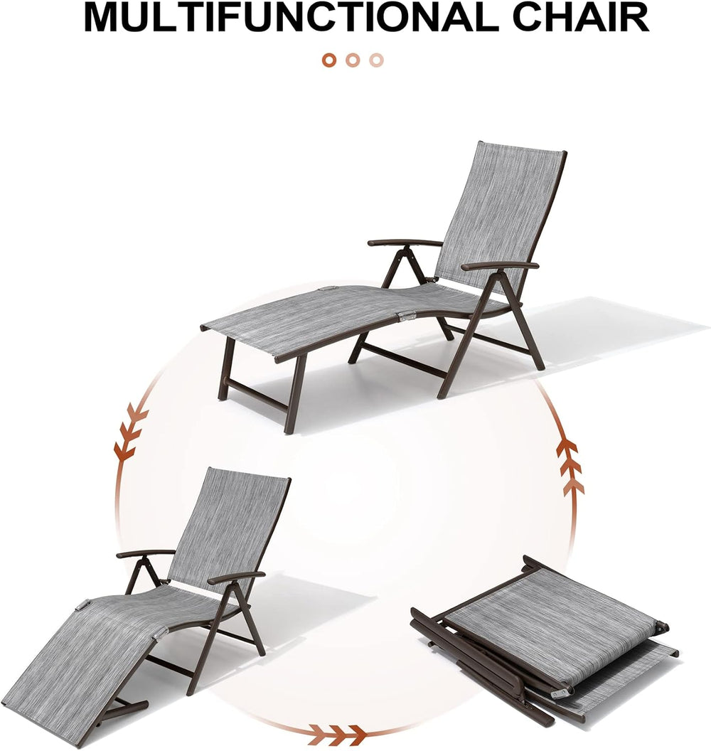 Lounge Chair Outdoor, Folding Pool Chaise Chairs Set of 2 (Black Gray)