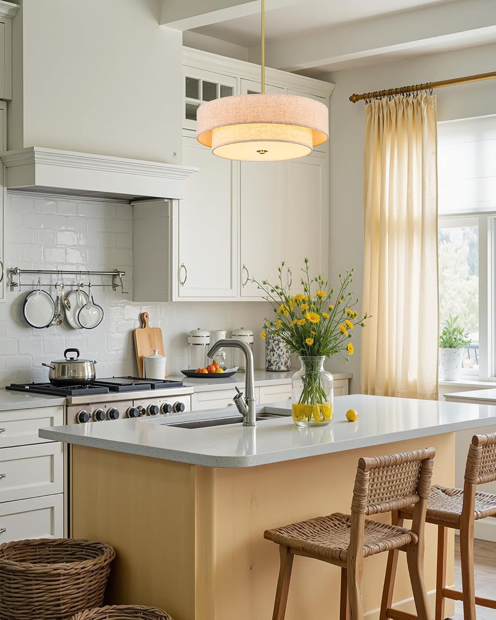 VONLUCE 18" Modern Drum Chandelier, 4-Light 2-Tier Linen Pendant Light