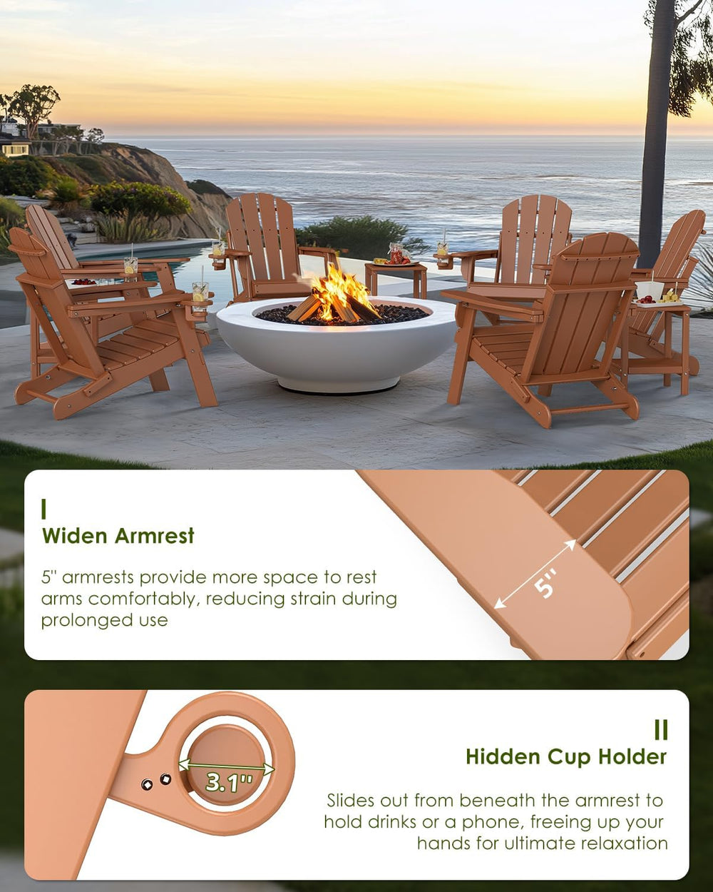 GREENVINES Folding-Adirondack-Chairs Set of 2, HDPE All Weather, Teak