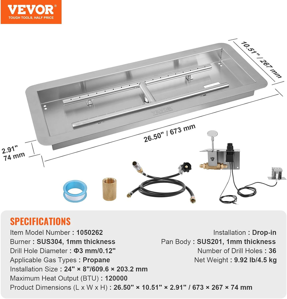 VEVOR 24 x 8 inch Drop-in Fire Pit Pan, Rectangular Stainless Steel Fire Pit ...