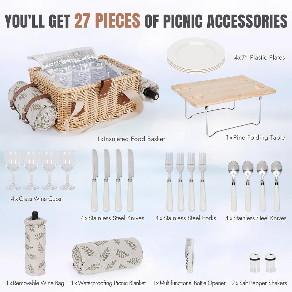 HappyPicnic Picnic Basket for 4, Handmade Wicker Picnic Set with Folding Tabl...