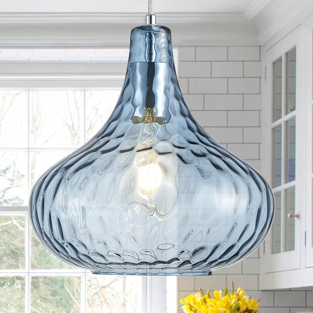 11 Inch Blue Hammered Glass Pendant Light Brushed Nickel Ceiling Lamp
