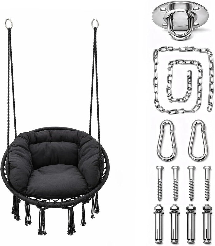 Athena Collection Hammock Chair with Hardware Kit & Cozy Cushion, Black