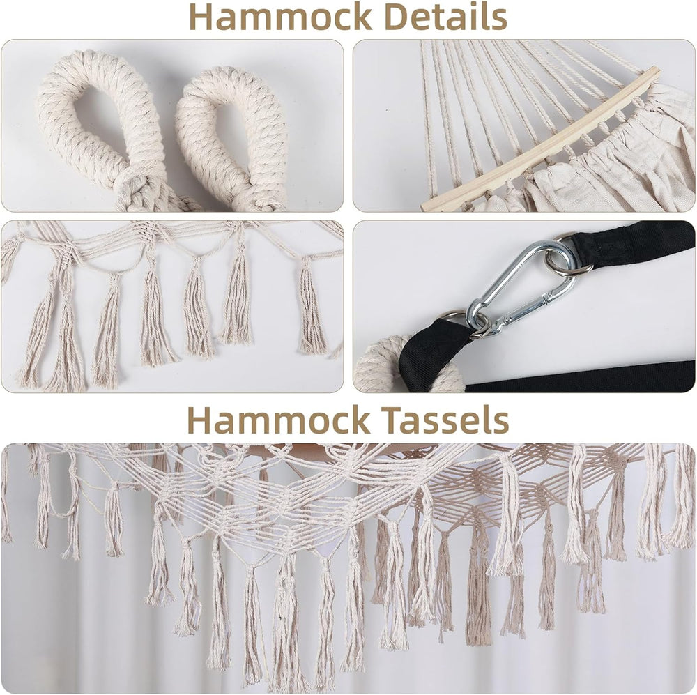 Portable Double Hammock, Hanging Hammock with Tassels and Fishtail Knitting, ...