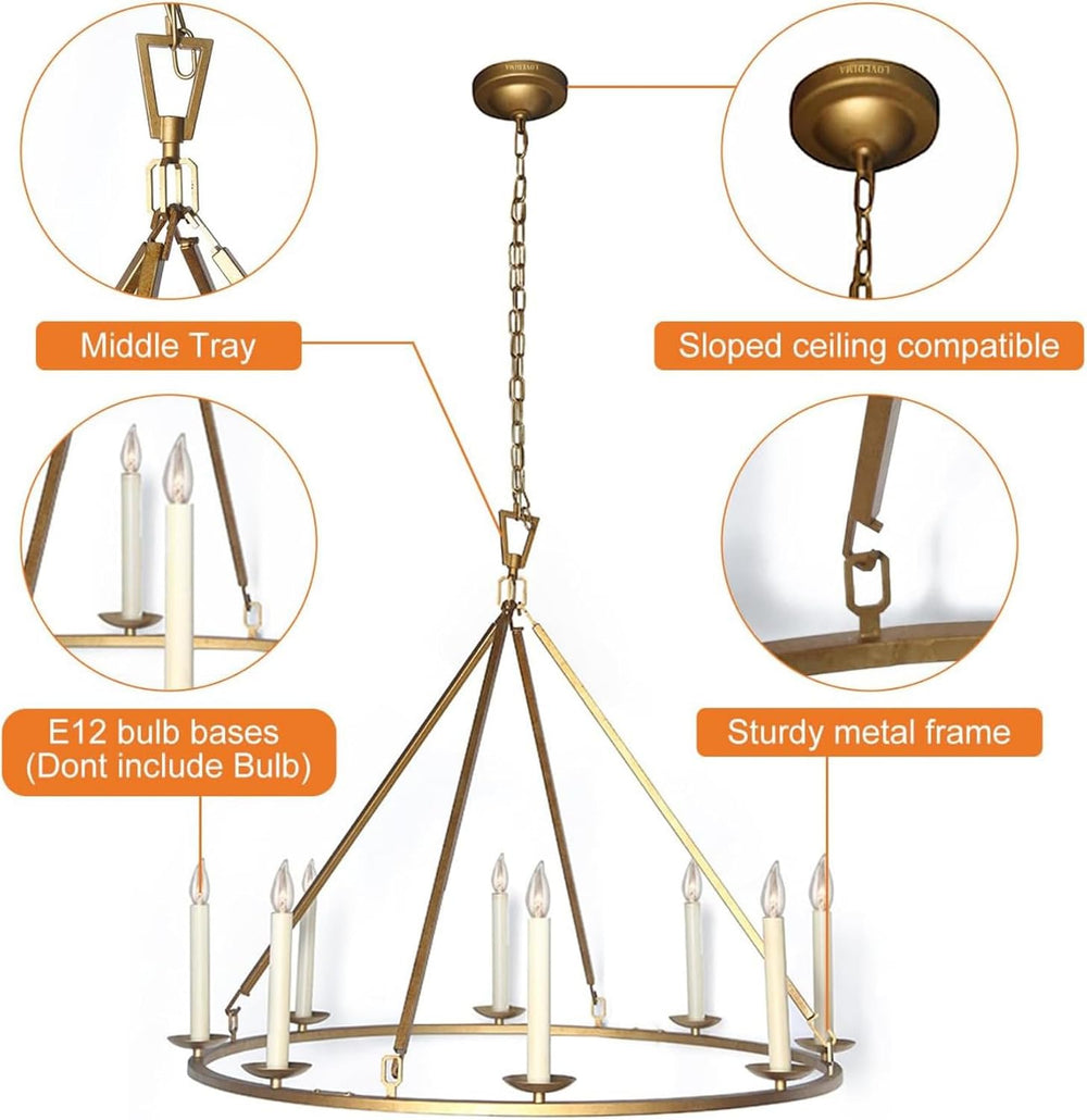 LOVEDIMA Gold Wagon Wheel Chandelier Rustic 35.4'' Candle-Shaped Meta...