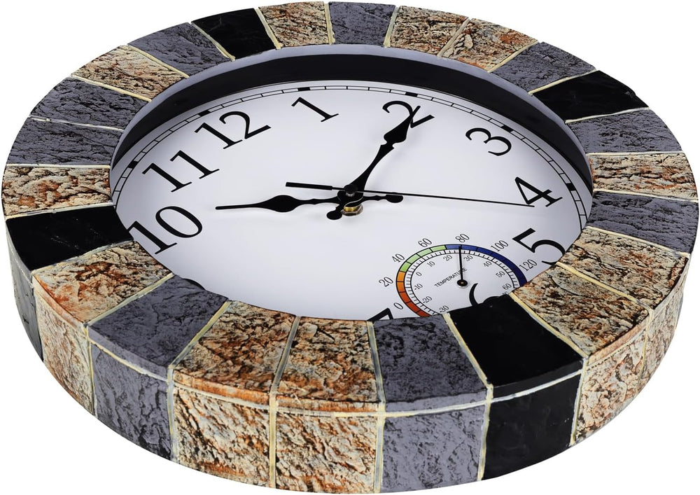 Outdoor Clock Waterproof with Thermometer, 13 Inch Silent Rustic Resin Wall C...