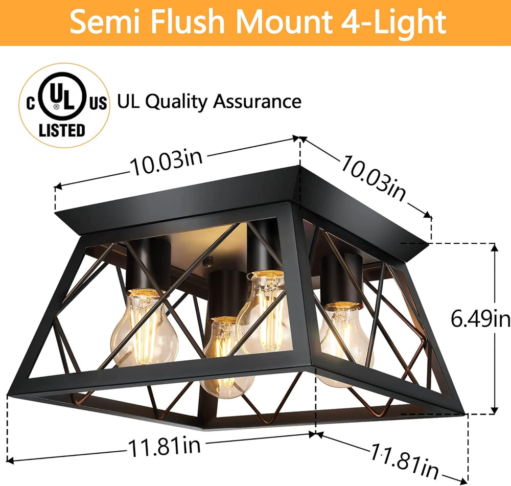 FadimiKoo 4-Light Black Flush Mount Ceiling Light for Kitchen Hallway, Indust...