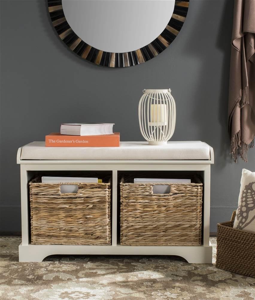 SAFAVIEH Freddy Wood Storage Bench, 33" Farmhouse Vintage White AMH5736D