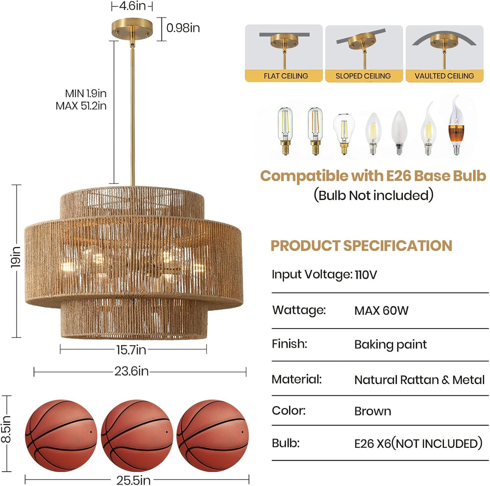 24" Large Boho Rattan Chandelier