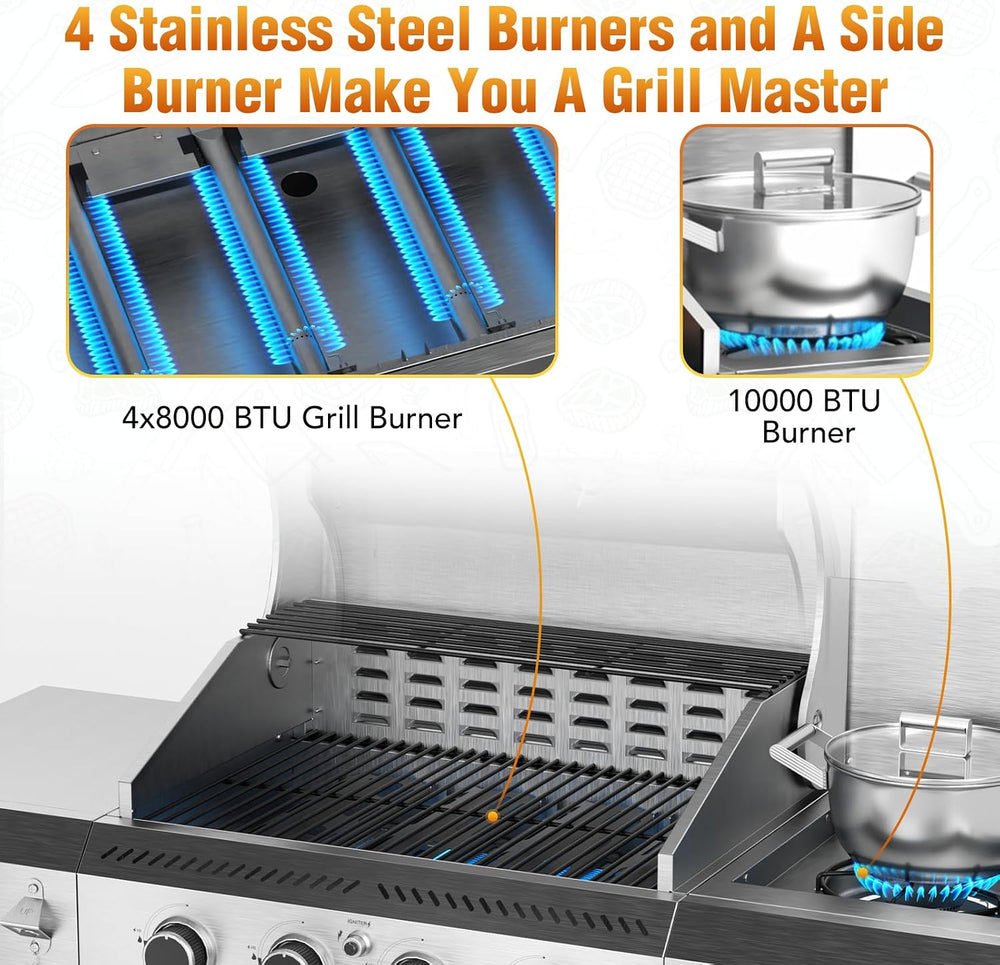 Electactic Stainless Steel 4-Burner Gas Grill with Side Burner – 42000BTU Pro...