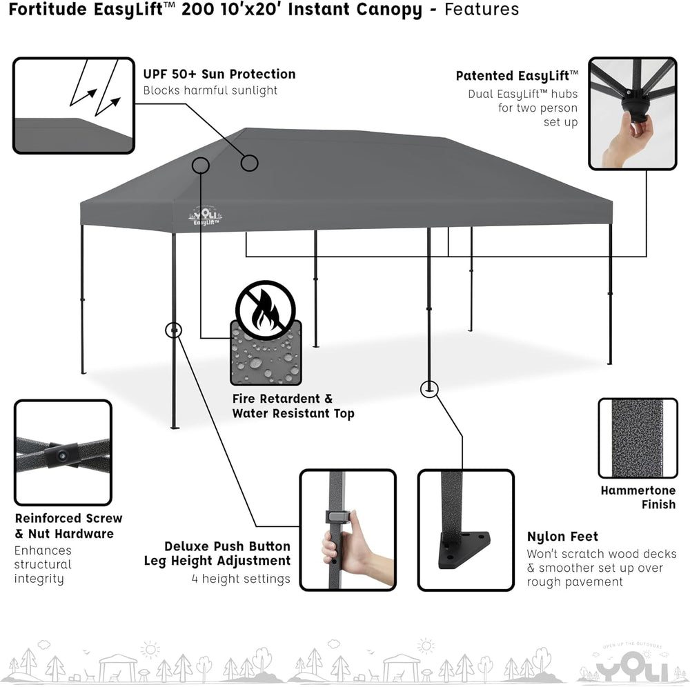 YOLI Fortitude EasyLift 200 Instant Pop-Up Canopy, 10x20 Heavy Duty Pavilion ...