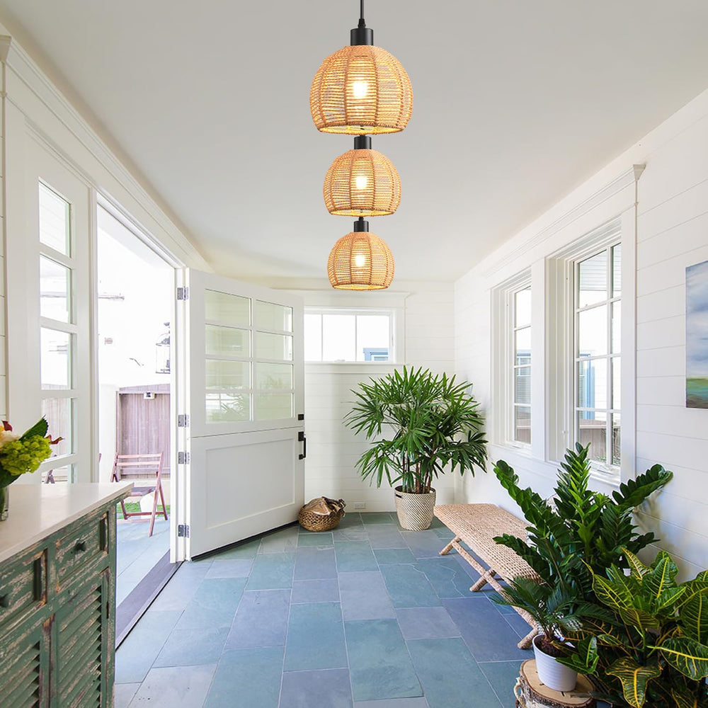 Woven Pendant Light Boho Chandelier, Rattan Pendant Lights Kitchen Island, Fa...