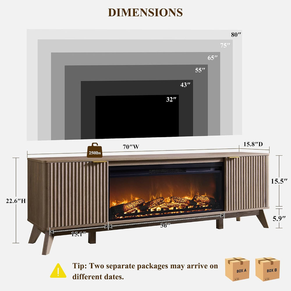 OKD 70" Fluted Fireplace TV Stand with 36" Electric Fireplace, Alde...