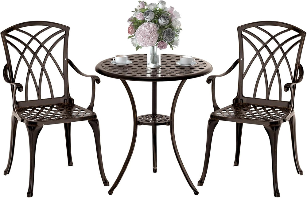 Patio Bistro Set 3 Piece, Cast Aluminum Bistro Set for 2 w/Umbrella Hole, Out...