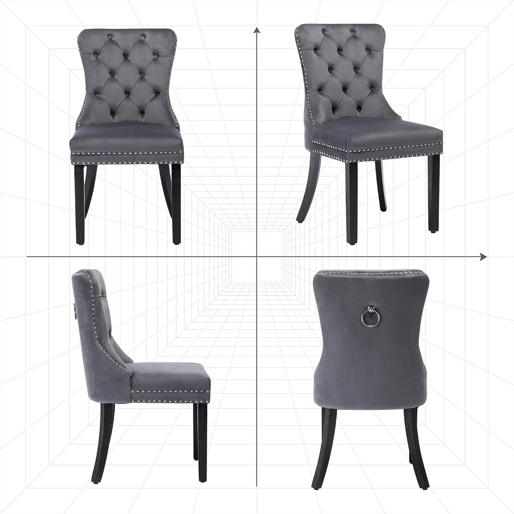 Velvet Dining Room Chairs Set of 2, Button Tufted, Wood Legs, Dark Gray