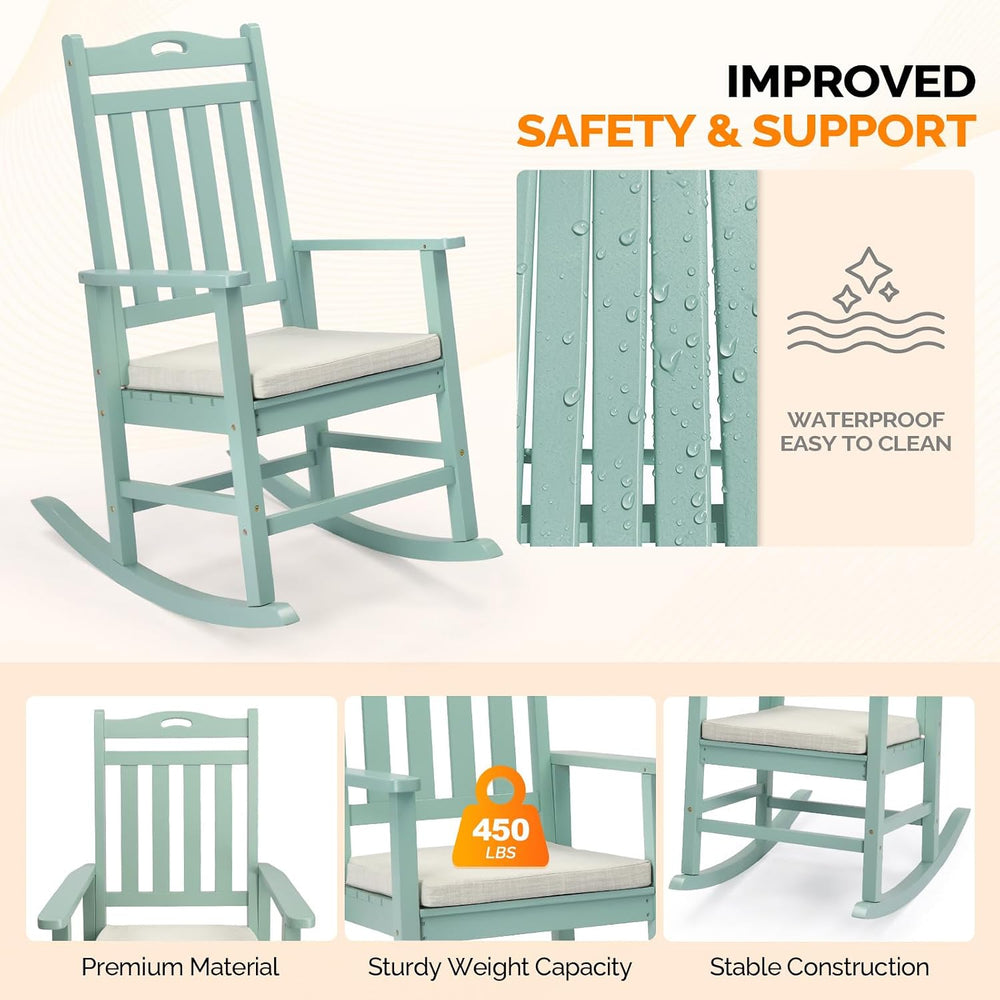 VINGLI Outdoor Rocking Chair, Wooden Rocking Chair with Cushion, Green
