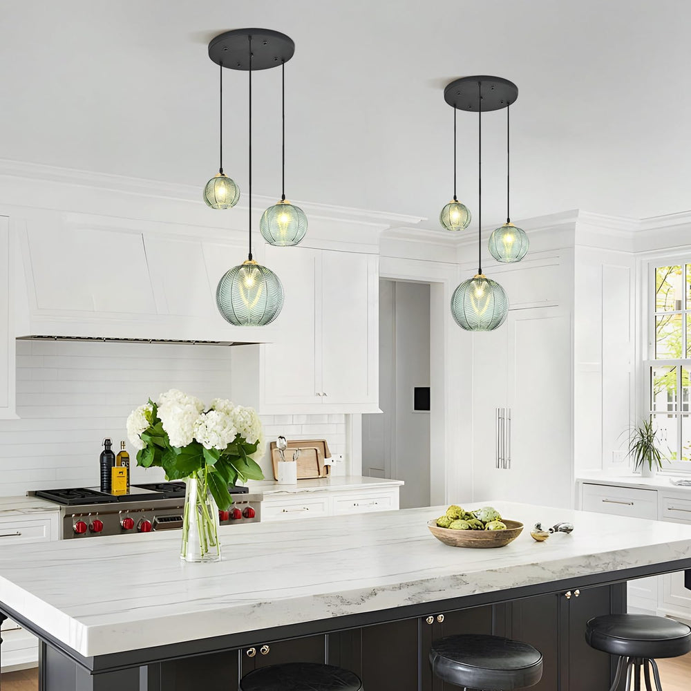 KCO 3-Light Vintage Green Ribbed Glass Globe Cluster Pendant Light Fixture