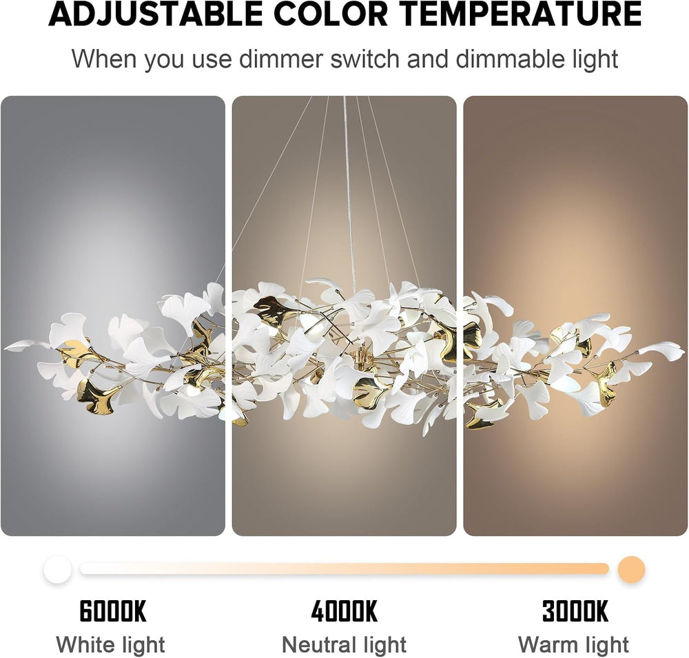 59 Inch White Rectangle Chandelier Gold Ceramic Ginkgo Leaf Chandeliers Brass...