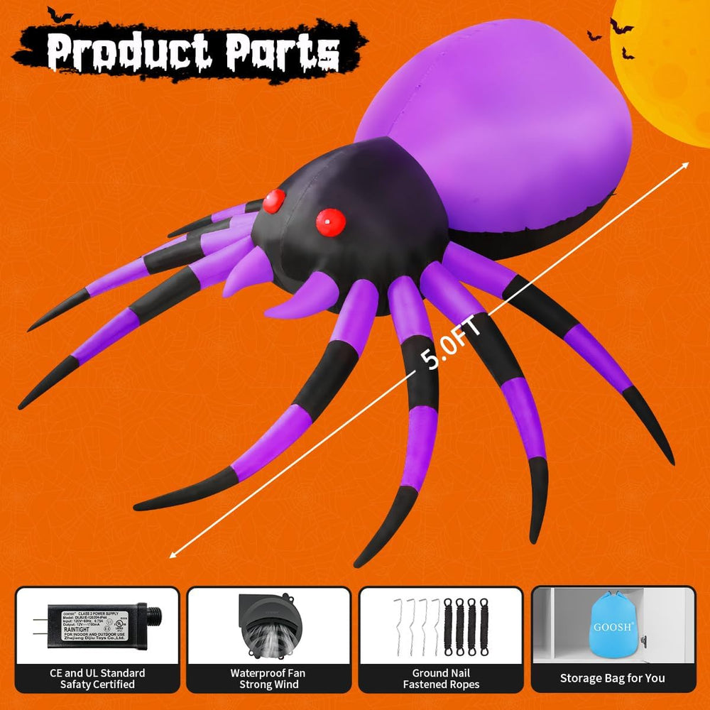 GOOSH 5 FT Width Halloween Inflatable Spider Outdoor Decoration with Magic Li...