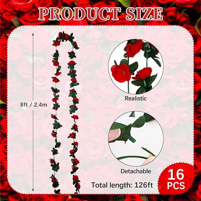 16Pcs 126Ft Red Rose Garland, Fake Rose Hanging Flowers, Artificial Flower Vi...