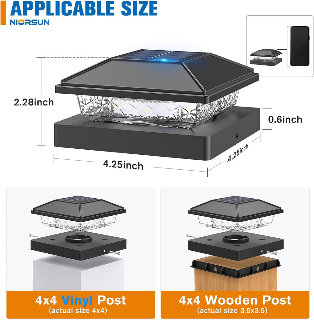 NIORSUN Solar Post Cap Lights,4x4 Post Solar Light Cool White,Black 16 Pack