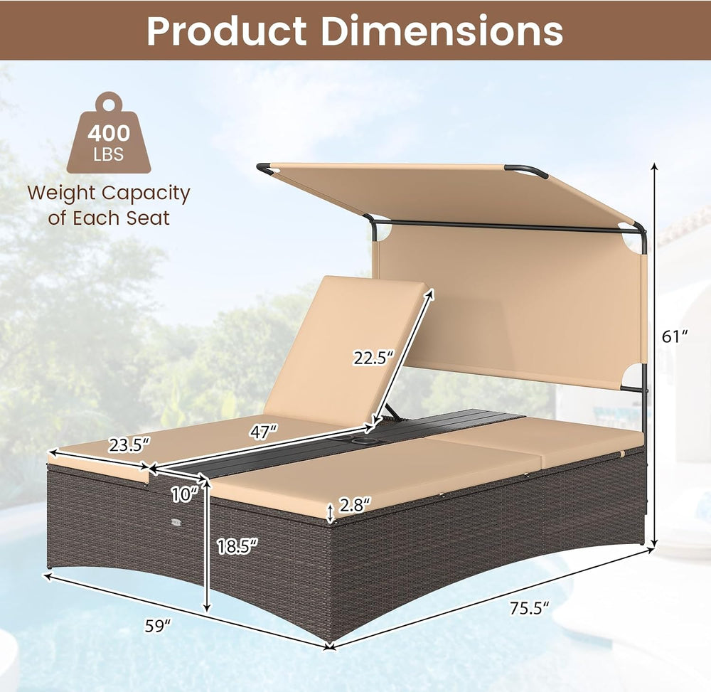 Tangkula Outdoor Rattan Daybed with Canopy & 4-Level Adjustable Backrests...
