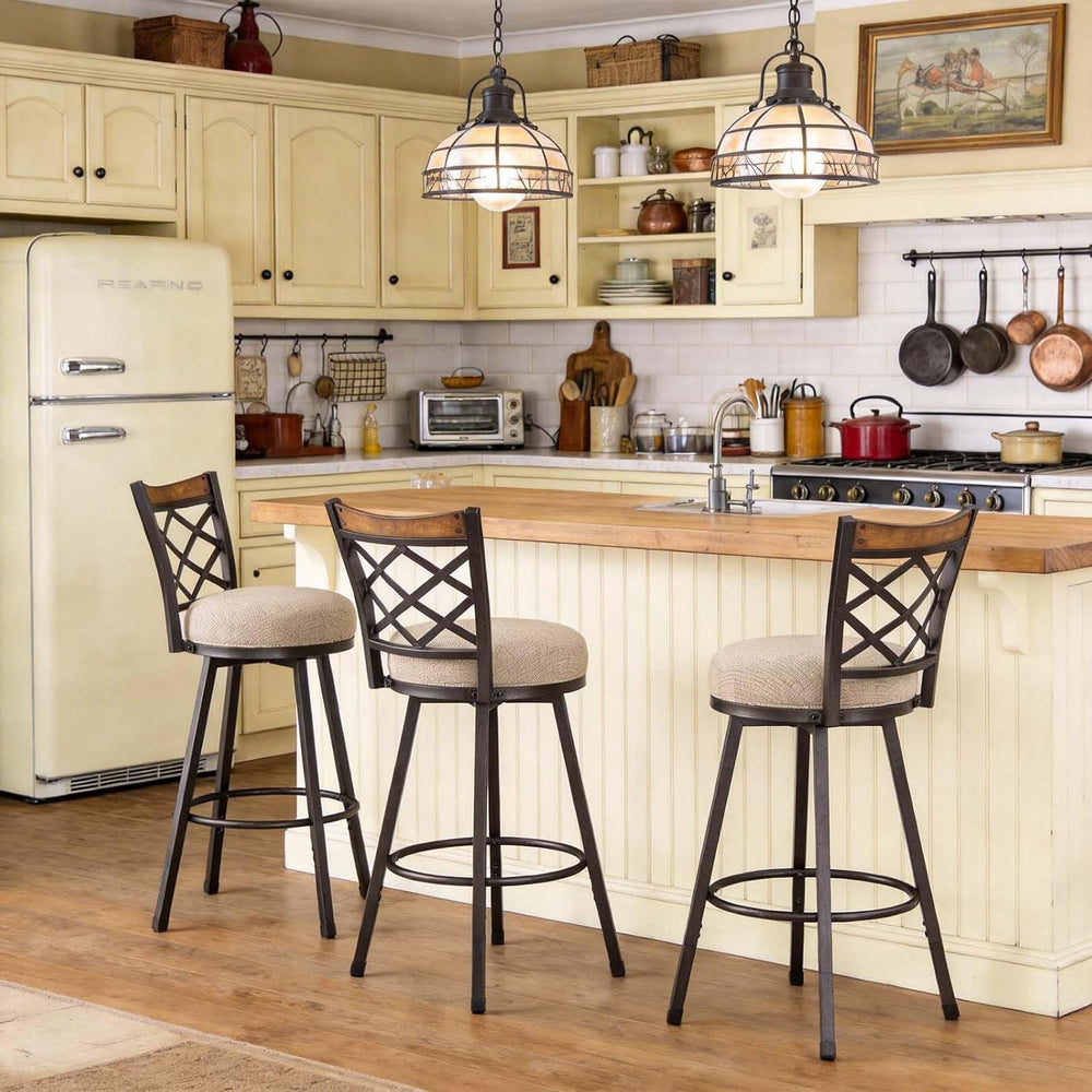 KORZEY Swivel Bar Stools Set of 2, 25/30 Inch Adjustable Beige Fabric Bar Cha...