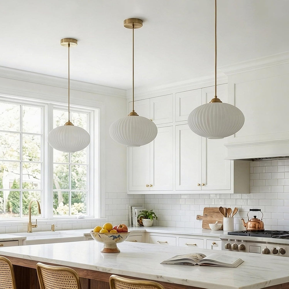 KCO Lighting Modern Gold Brass 9.8" White Milk Ribbed Glass Pendant Light