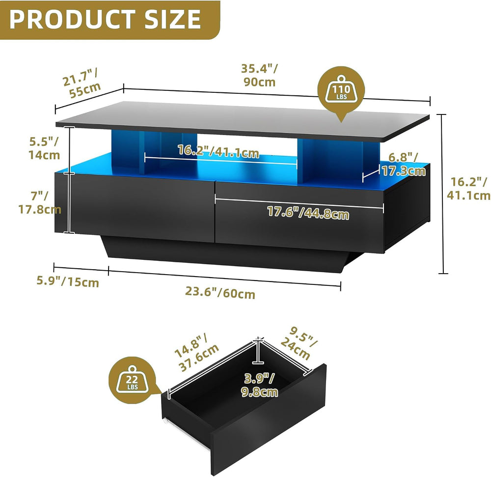 DWVO LED Coffee Table with Storage 4 Drawers, Modern High Glossy Coffee Table...
