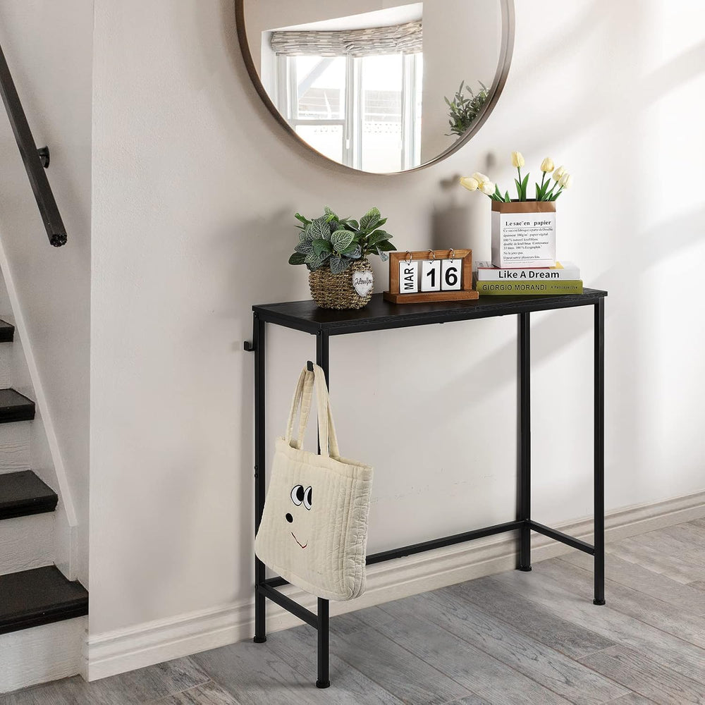 Black Modern Narrow Entryway Table - Skinny Sofa Table with Hooks for Living ...