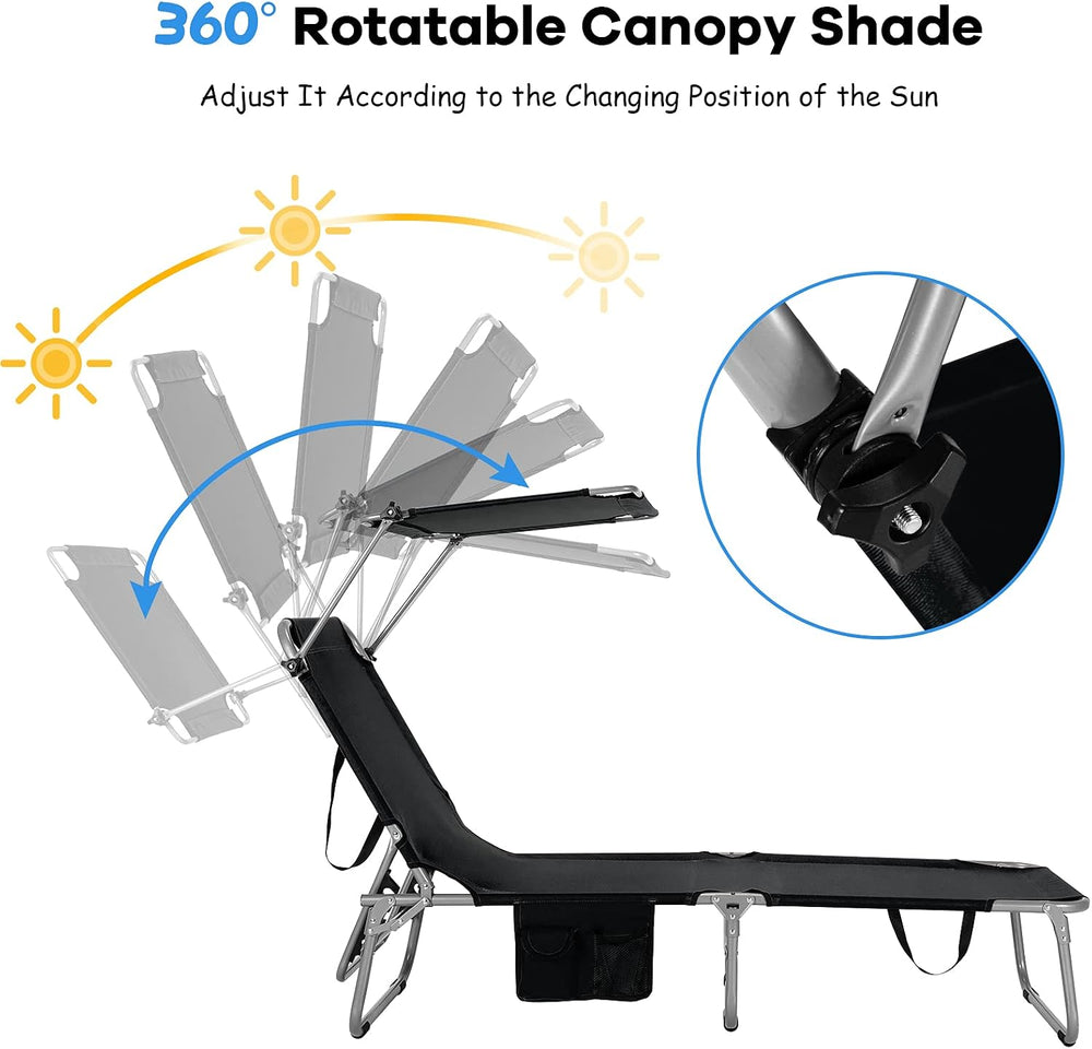 GYMAX Lounge Chair Outdoor with Canopy, 330LBS Portable Tanning Chair with Ad...