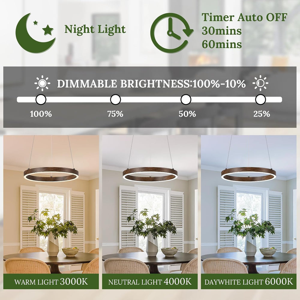 12in LED Ring Chandelier Wood Grain Modern Dimmable Pendant Light