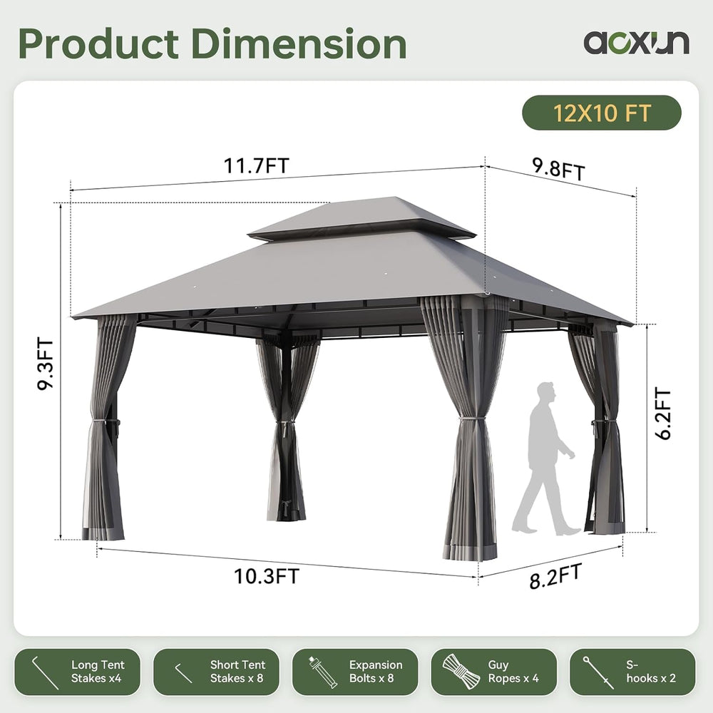 Aoxun 12x10 Outdoor Gazebo with Hanging Light, Gray