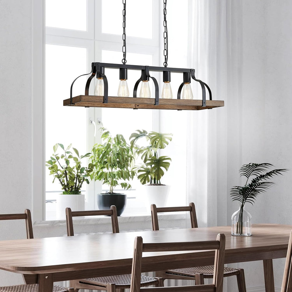 WUZUPS 5-Light Metal Chandelier Imitation Wood Grain Linear Pendant Ceiling L...