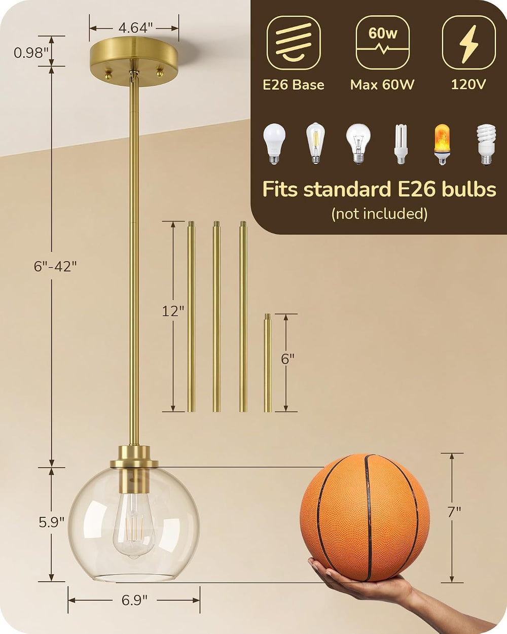 EDISHINE Pendant Light Fixtures 2 Pack with Clear Glass Globe Shade, Gold Kit...