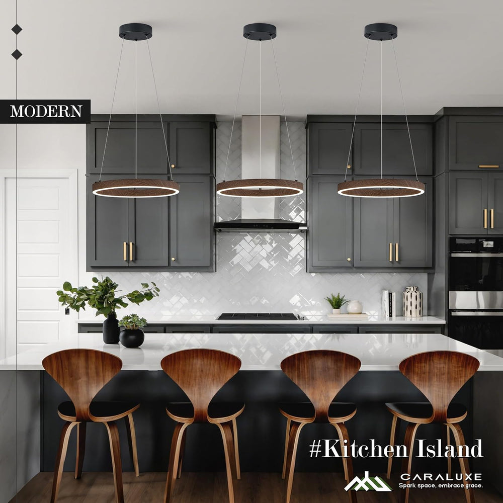 12in LED Ring Chandelier Wood Grain Modern Dimmable Pendant Light