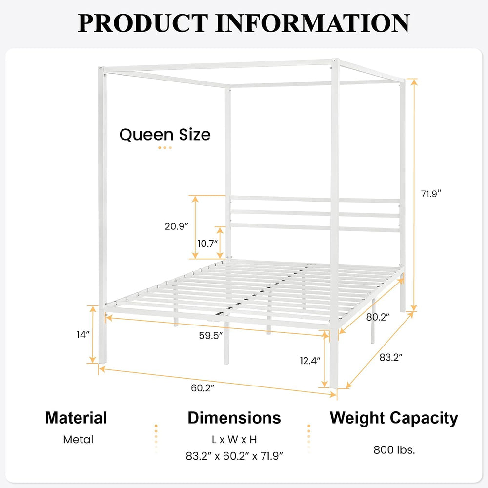 SHA CERLIN Queen Size Canopy Bed Frame with Heavy Duty Metal Slats, White
