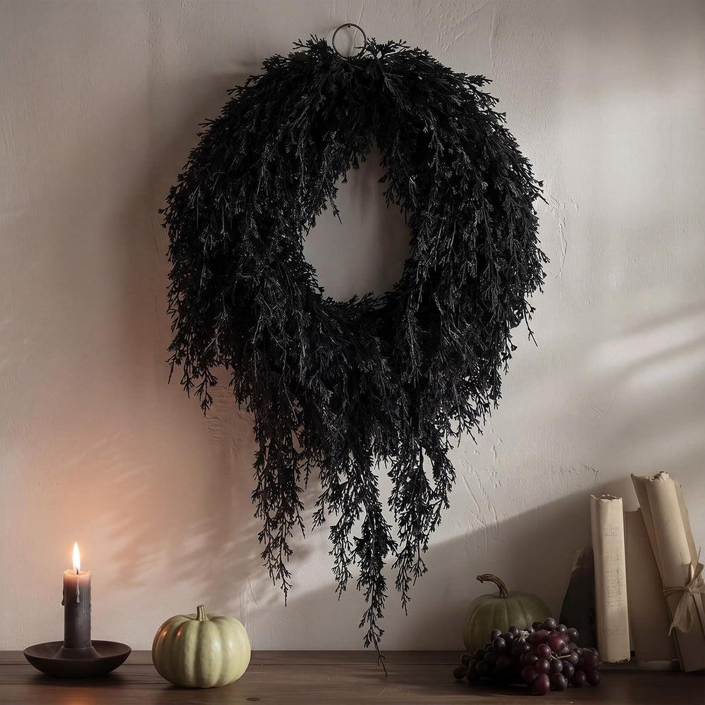 Suncalla 20" Black Halloween Artificial Wreath, Cedar Wreath