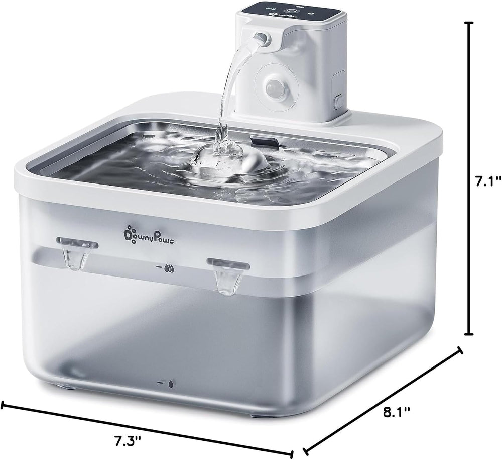 DownyPaws Cat Water Fountain Cordless, Pet Fountain, 84oz/2.5L, White Pro