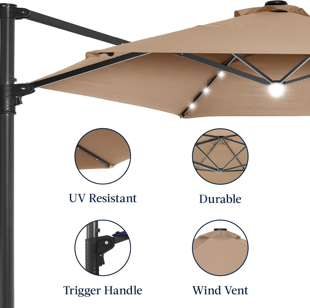 Best Choice Products 10ft Solar LED Offset Cantilever Hanging Market Patio Um...