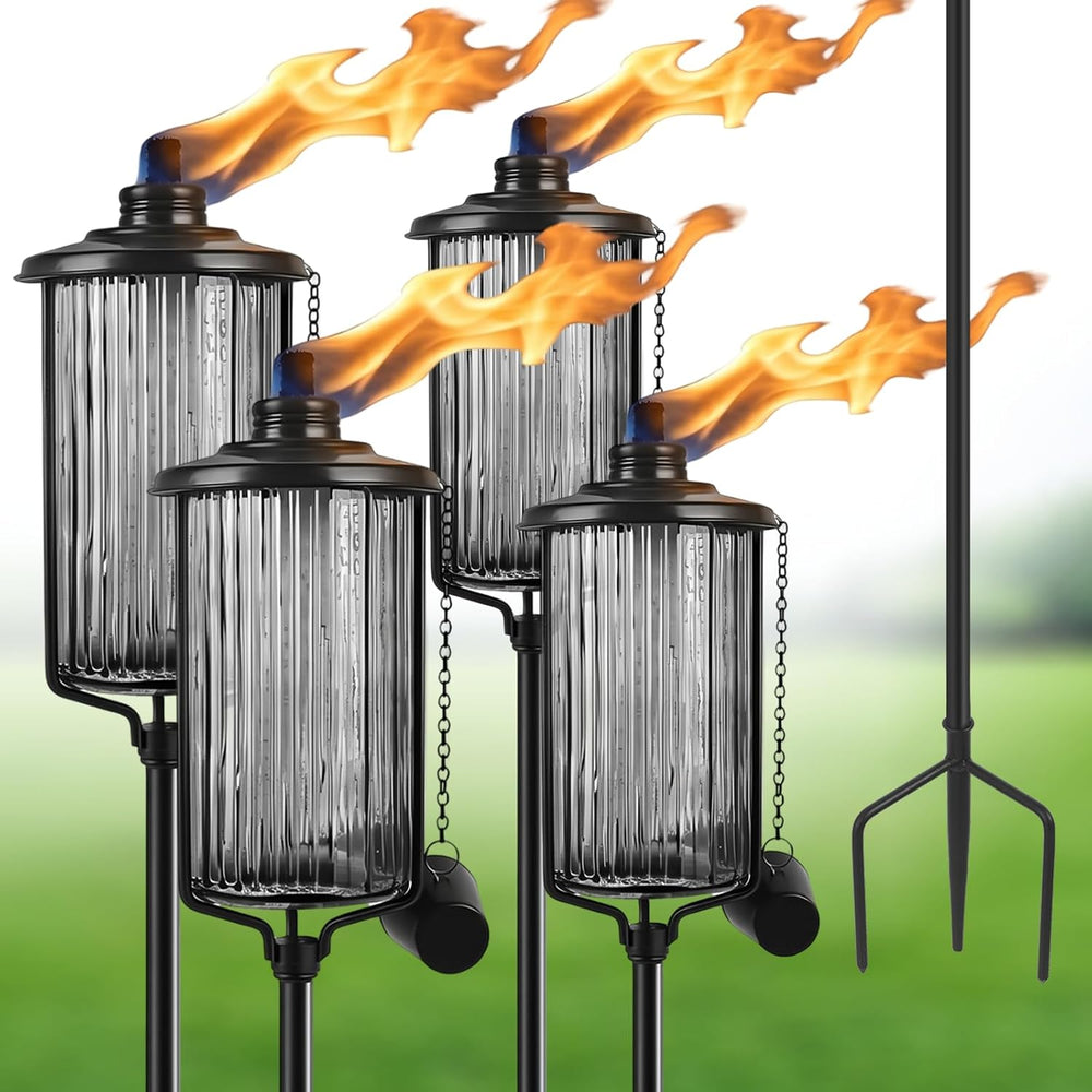4 Pack Glass Citronella Torches, 16 oz Garden Torches for Outside with 3-Pron...