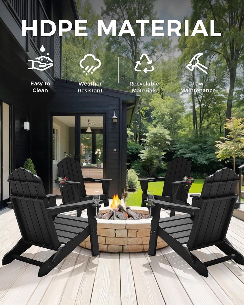 Folding Adirondack Chair, All-Weather HDPE Plastic Patio Chair with 2 Cup Hol...