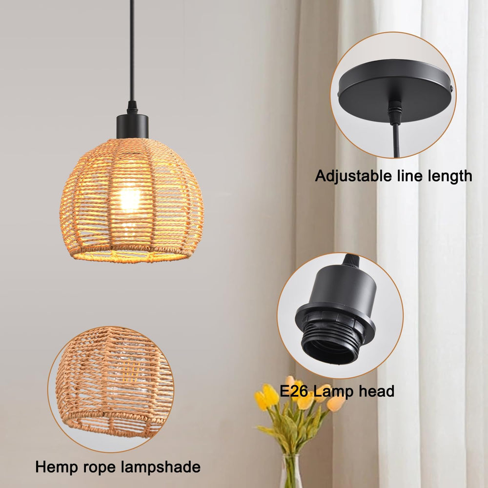 Woven Pendant Light Boho Chandelier, Rattan Pendant Lights Kitchen Island, Fa...