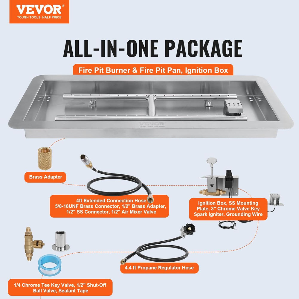 VEVOR 24 x 8 inch Drop-in Fire Pit Pan, Rectangular Stainless Steel Fire Pit ...