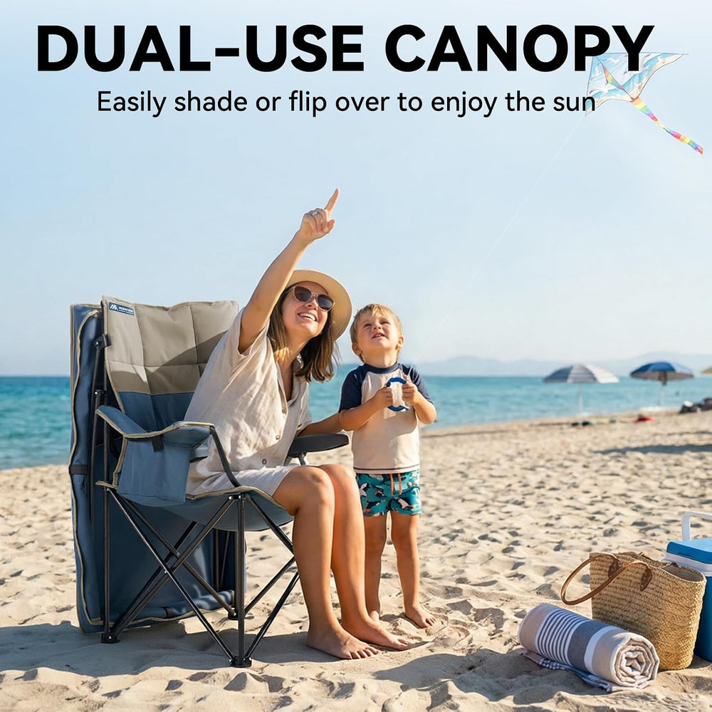 Oversized Camping Chair with Canopy，Folding Chair Supports 330 Lbs, Blue