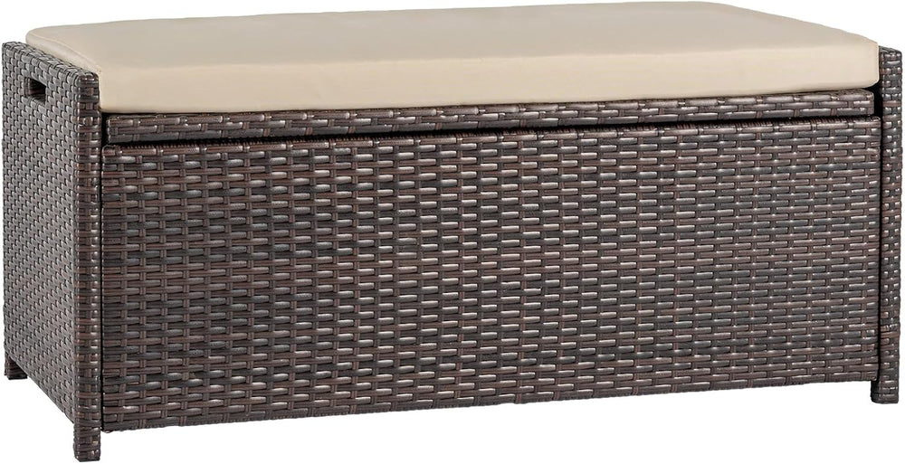 Tappio Deck Box Outdoor Storage Box Bench, PE Rattan Storage Bin with Built-i...