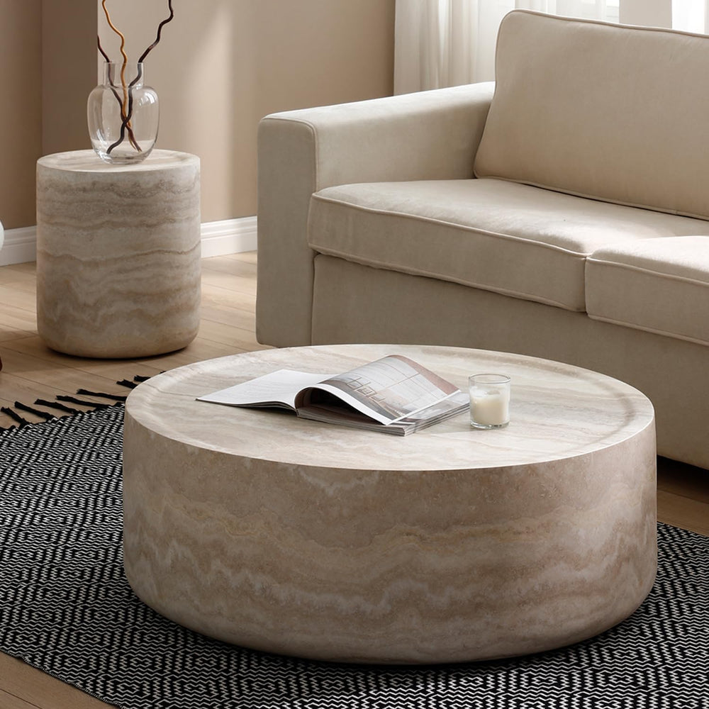 ø31.5'' Round Stone Coffee Table for Living Room, Modern Drum Circle ...