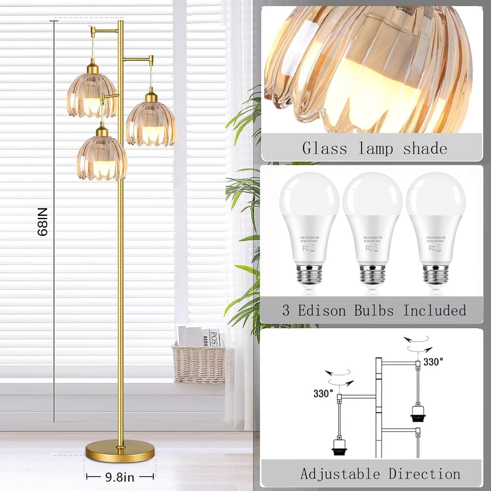 QIYIZM Gold Floor Lamp for Living Room,Bedroom,Tree 3 Light Standing Lamp Mid...