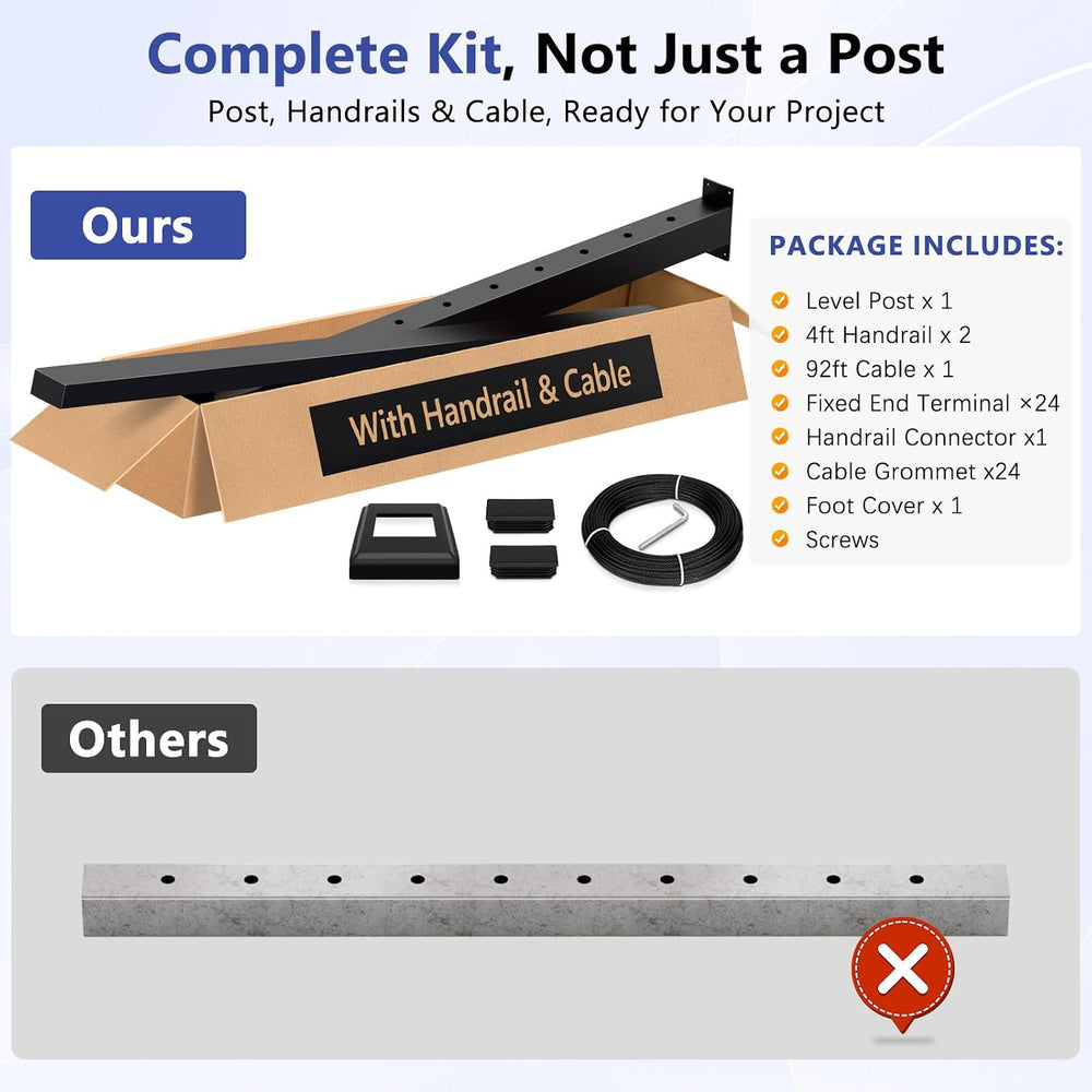 4-8ft Modular 42in Cable Railing Level Post Kit with Handrail