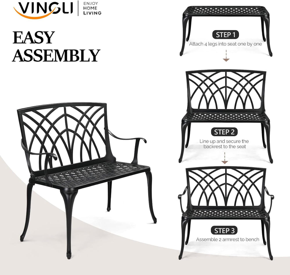 VINGLI 38" Outdoor Metal Bench, Cast Aluminium Garden Bench, Weatherproo...